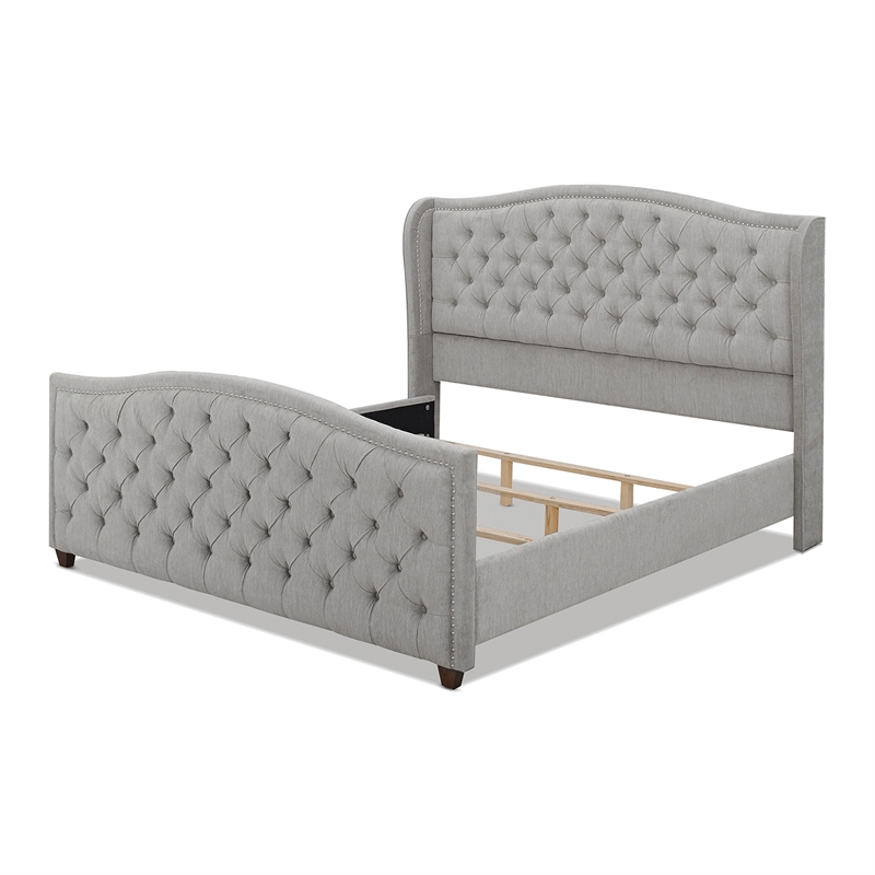 Pemberly Row Tufted Wingback King Bed with Nailhead Accents in Silver Grey