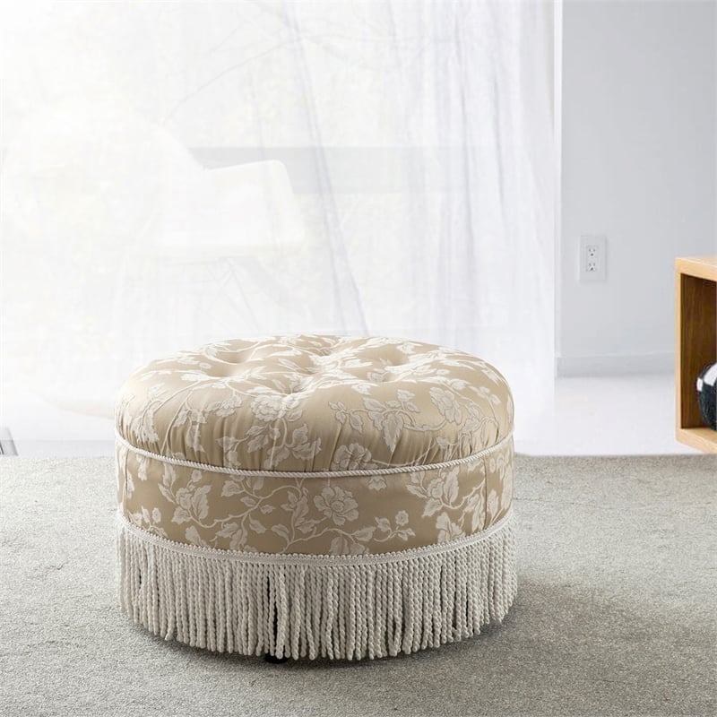 Pemberly Row Tufted Decorative Round Ottoman with Cord Trim in Neutral
