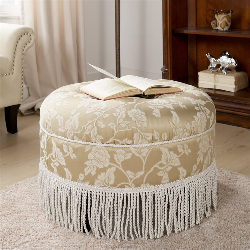 Pemberly Row Tufted Decorative Round Ottoman with Cord Trim in Neutral