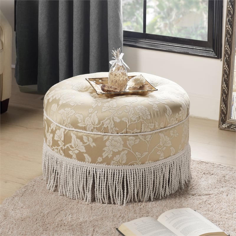 Pemberly Row Tufted Decorative Round Ottoman with Cord Trim in Neutral