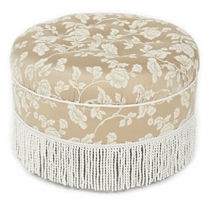 Pemberly Row Tufted Decorative Round Ottoman with Cord Trim in Neutral