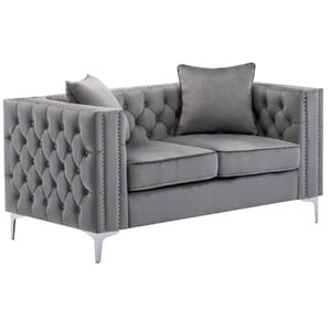 Pemberly Row Gray Button Tufted Velvet Loveseat with Nailhead Trim