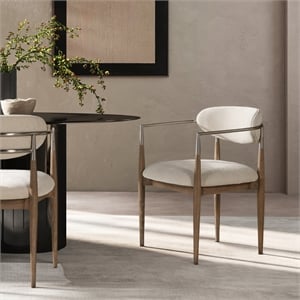 Pemberly Row Mixed Material Upholstered Dining Arm Chair in White Chenille