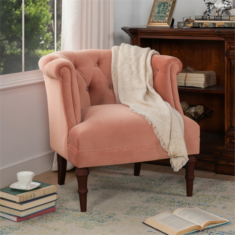 Pemberly Row Diamond Tufted Accent Chair with Rolled Arms in Peach Orange Velvet
