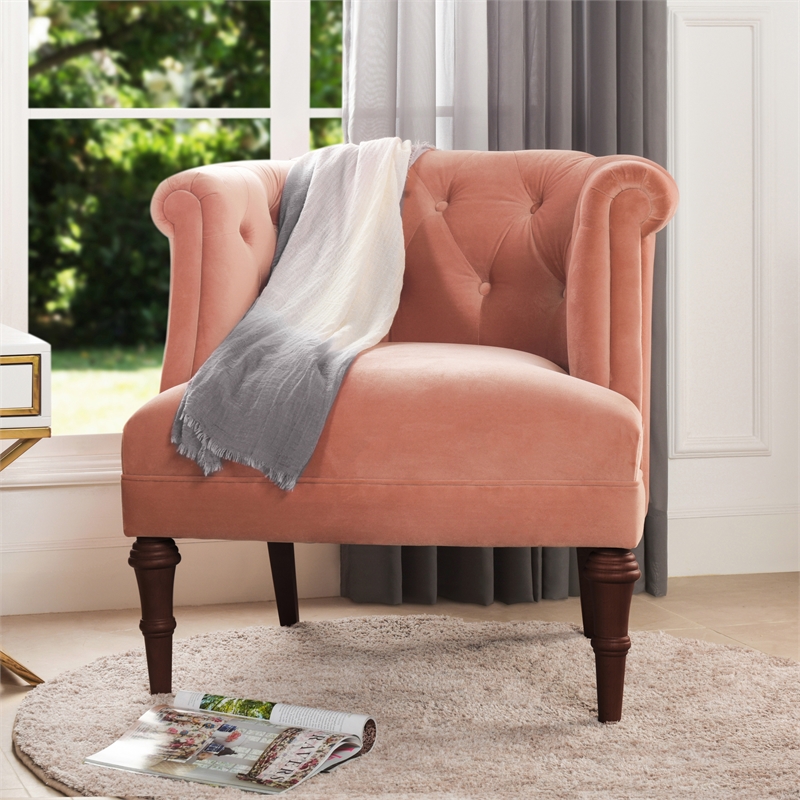 Pemberly Row Diamond Tufted Accent Chair with Rolled Arms in Peach Orange Velvet