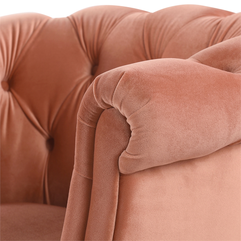 Pemberly Row Diamond Tufted Accent Chair with Rolled Arms in Peach Orange Velvet