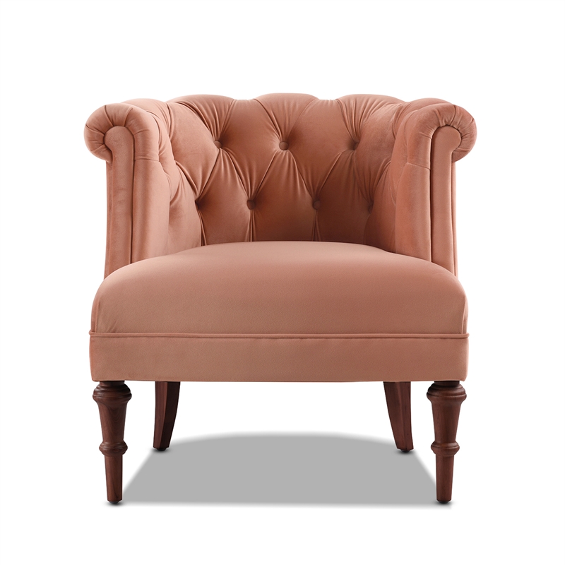 Pemberly Row Diamond Tufted Accent Chair with Rolled Arms in Peach Orange Velvet