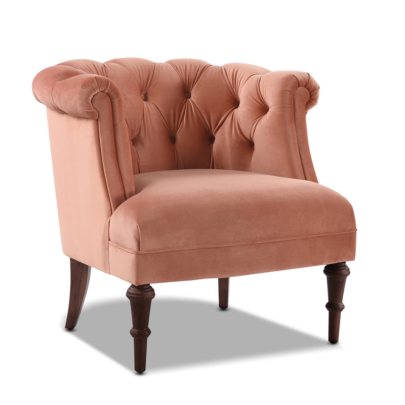 Pemberly Row Diamond Tufted Accent Chair with Rolled Arms in Peach Orange Velvet