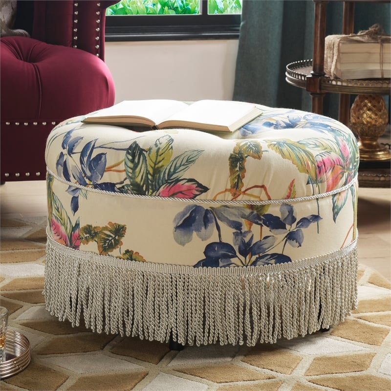 Pemberly Row Tufted Decorative Round Ottoman in Off White Floral Fabric