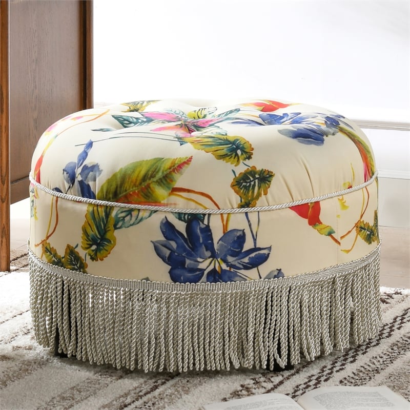 Pemberly Row Tufted Decorative Round Ottoman in Off White Floral Fabric