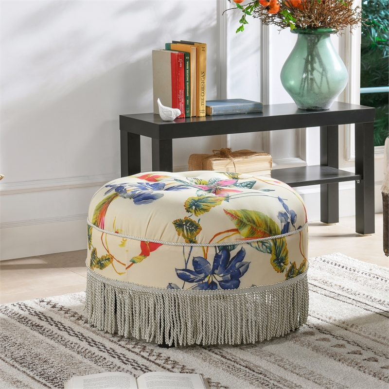 Pemberly Row Tufted Decorative Round Ottoman in Off White Floral Fabric