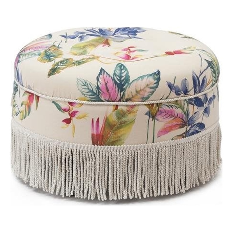 Pemberly Row Tufted Decorative Round Ottoman in Off White Floral Fabric