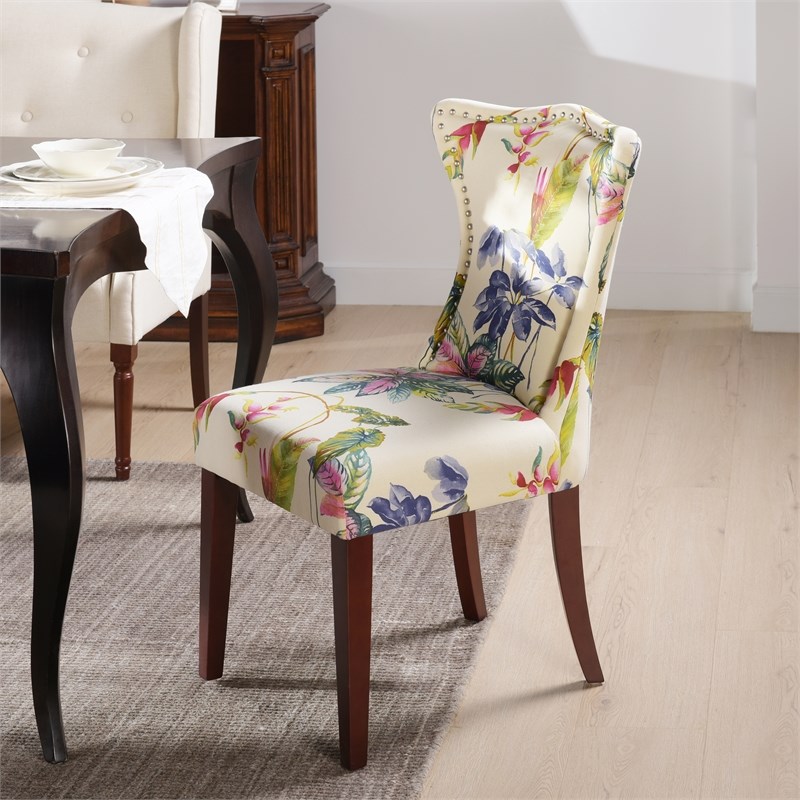 Pemberly Row Upholstered Accent Chair with Nailhead Trim in Off White Floral