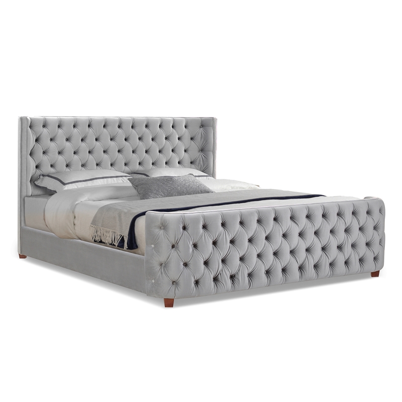 Pemberly Row King Tufted Panel Bed with Wingback Headboard in Opal Grey Velvet