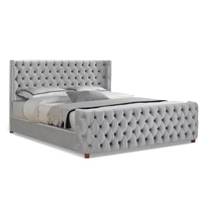 Pemberly Row King Tufted Panel Bed with Wingback Headboard in Opal Grey Velvet