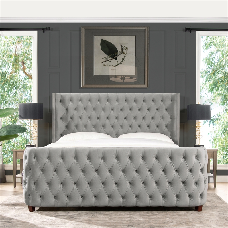 Pemberly Row King Tufted Panel Bed with Wingback Headboard in Opal Grey Velvet