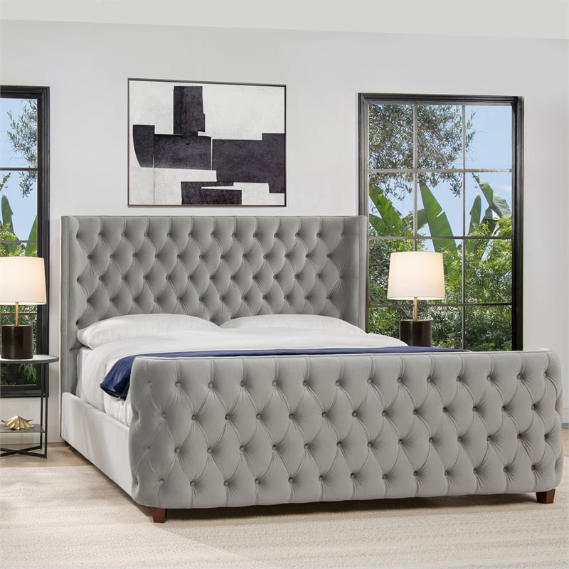 Pemberly Row King Tufted Panel Bed with Wingback Headboard in Opal Grey Velvet