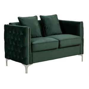 Pemberly Row Green Velvet Loveseat with Button Tufting and 2 Throw Pillows