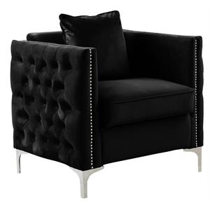 Pemberly Row Black Velvet Button Tufted Accent Chair with Nailhead Trim