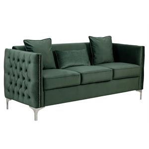 Pemberly Row Green Velvet Button Tufted Sofa with Nailhead Trim and 3 Pillows