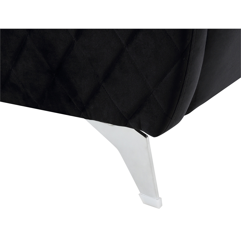Pemberly Row Black Velvet Diamond Stitched Loveseat with Chrome Metal Legs