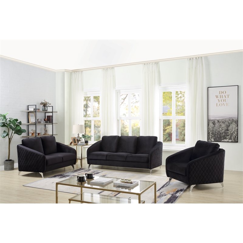 Pemberly Row Black Velvet Diamond Stitched Loveseat with Chrome Metal Legs