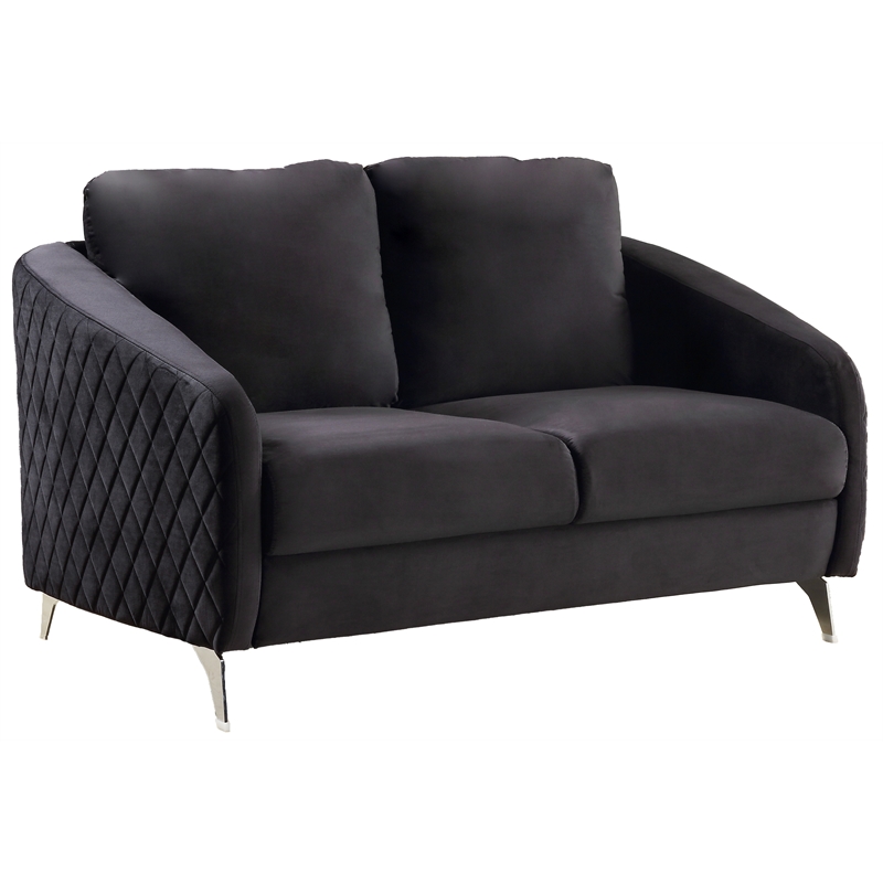Pemberly Row Black Velvet Diamond Stitched Loveseat with Chrome Metal Legs