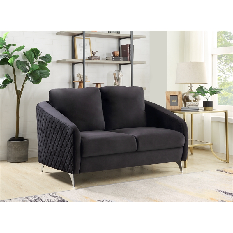 Pemberly Row Black Velvet Diamond Stitched Loveseat with Chrome Metal Legs