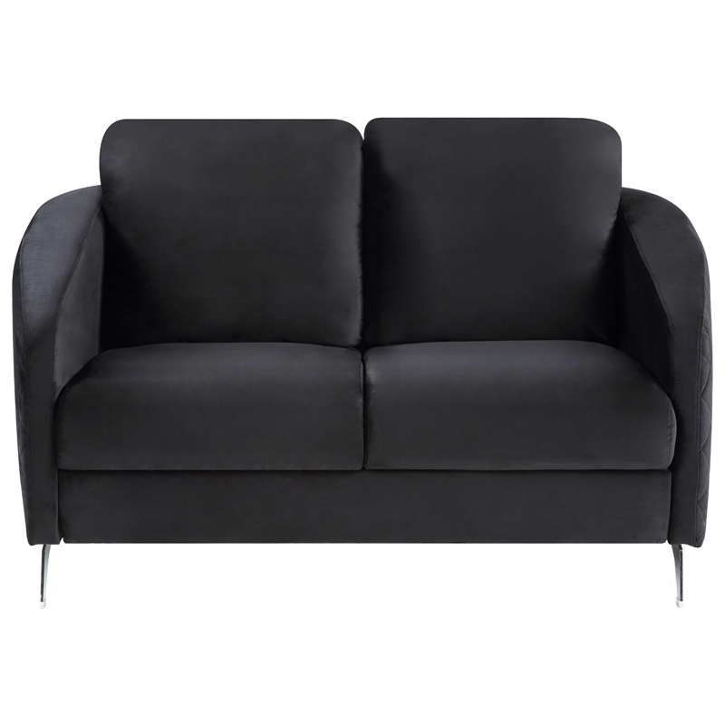 Pemberly Row Black Velvet Diamond Stitched Loveseat with Chrome Metal Legs