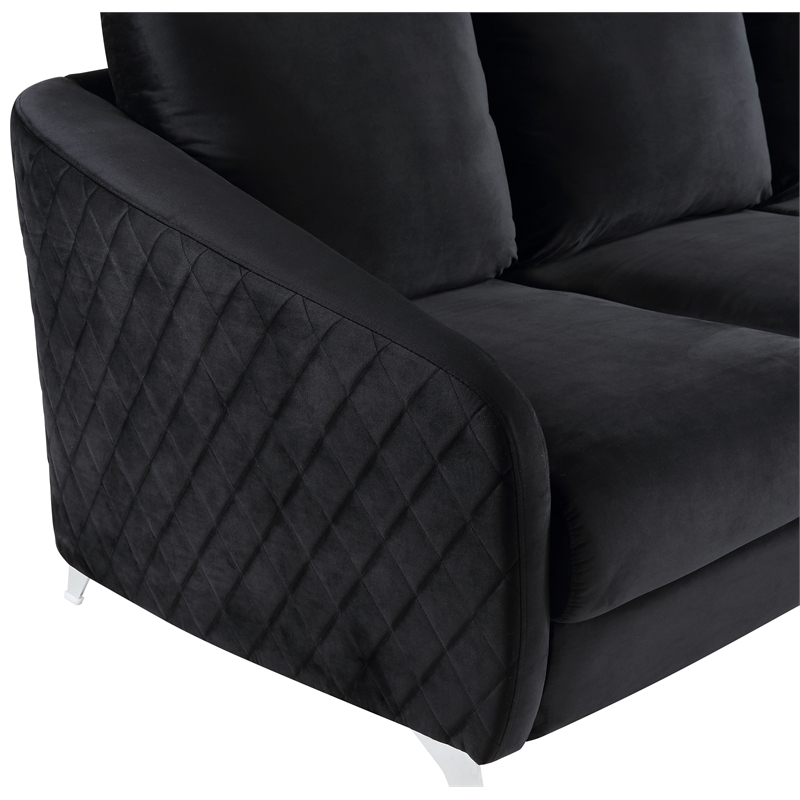 Pemberly Row Black Velvet Diamond Stitched Loveseat with Chrome Metal Legs