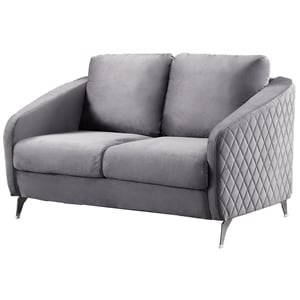 Pemberly Row Gray Velvet Diamond Stitched Loveseat with Chrome Metal Legs