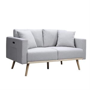 Pemberly Row Light Gray Linen Loveseat with USB Charging Ports and Pockets
