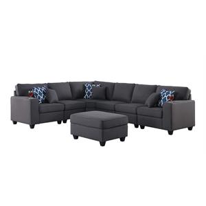 Pemberly Row Dark Gray Linen Reversible Sectional with Ottoman and Cupholders