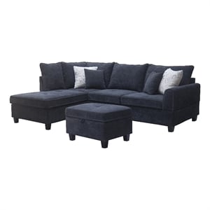 Pemberly Row 99&quotW Black Fabric Sectional with Left-Facing Chaise and Ottoman