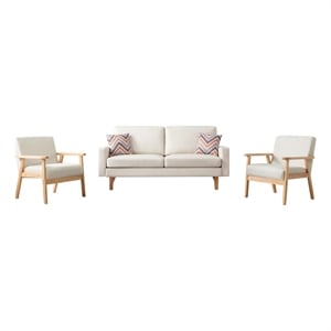 Pemberly Row Beige Linen Sofa and 2 Chairs Set with Solid Wood Legs and Pillows