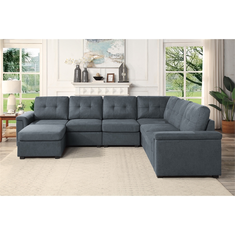 Pemberly Row Gray Woven Fabric 7-Seater Corner Sectional Sofa with Ottoman
