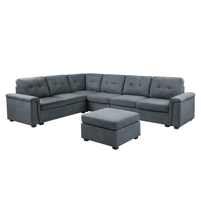 Pemberly Row Gray Woven Fabric 7-Seater Corner Sectional Sofa with Ottoman