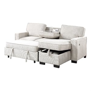 Pemberly Row Beige Fabric Reversible Sleeper Sectional with Storage & USB Ports
