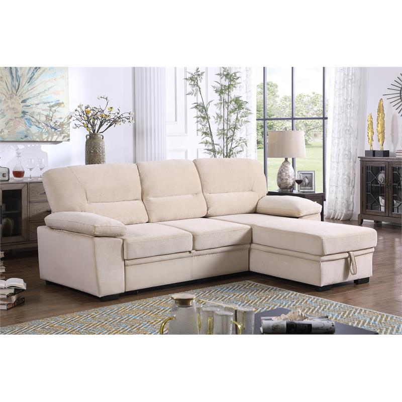 Pemberly Row Beige Velvet Reversible Sleeper Sectional Sofa with Storage Chaise