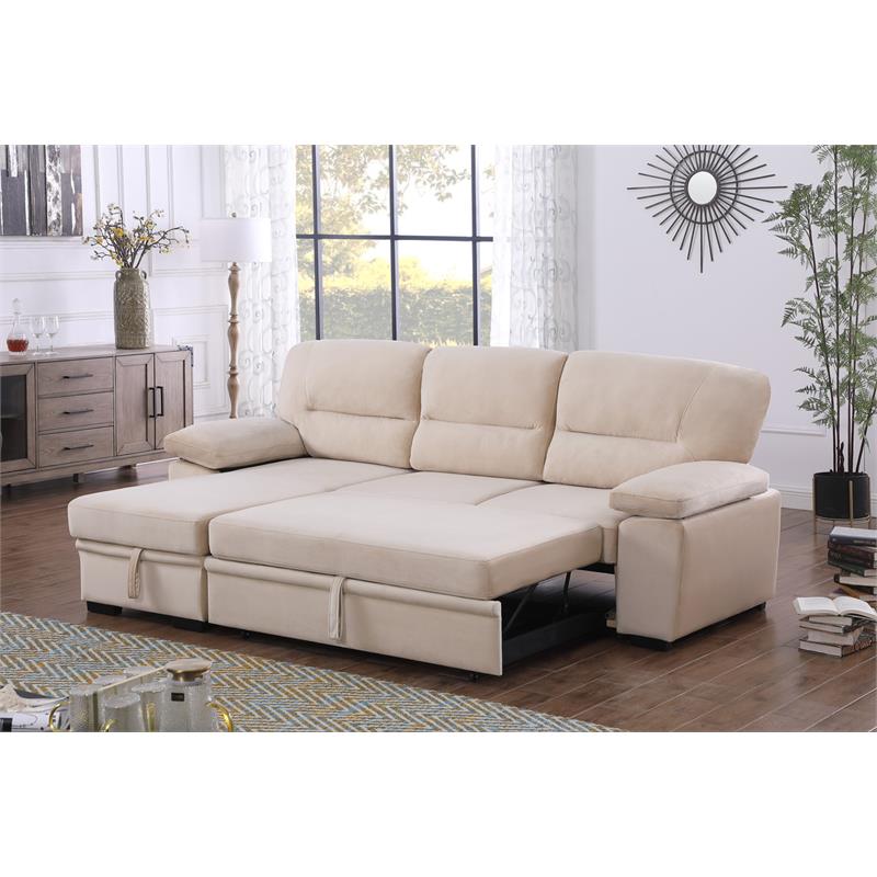 Pemberly Row Beige Velvet Reversible Sleeper Sectional Sofa with Storage Chaise
