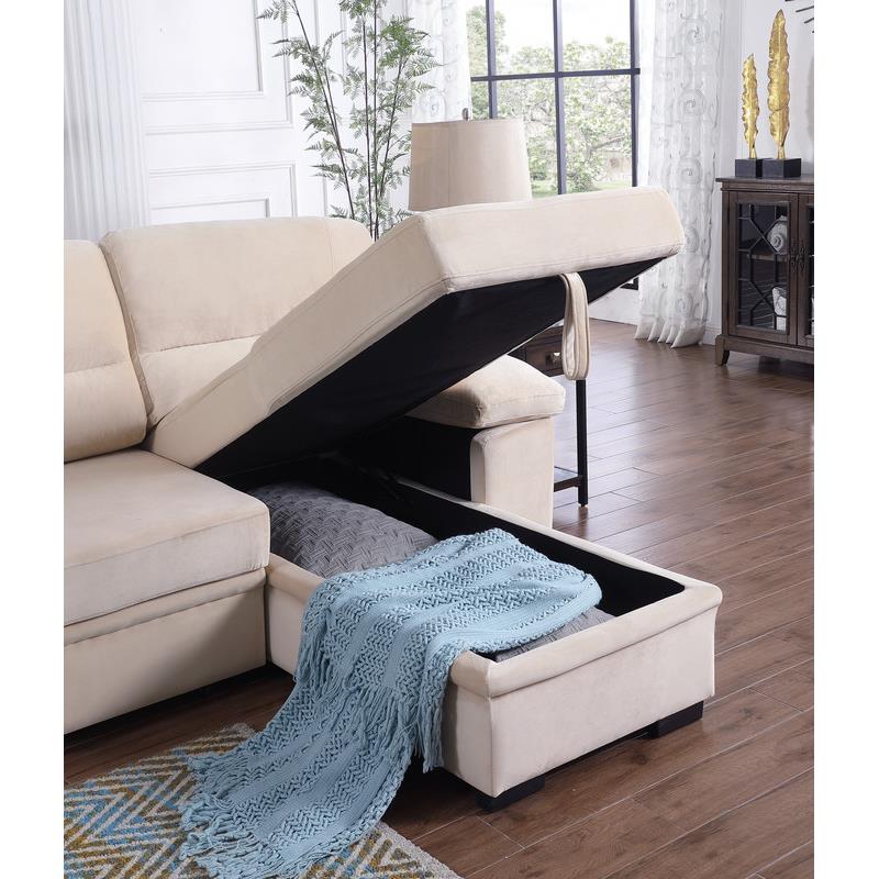 Pemberly Row Beige Velvet Reversible Sleeper Sectional Sofa with Storage Chaise