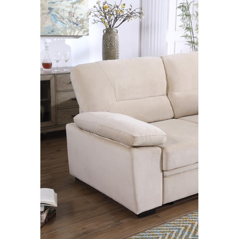 Pemberly Row Beige Velvet Reversible Sleeper Sectional Sofa with Storage Chaise