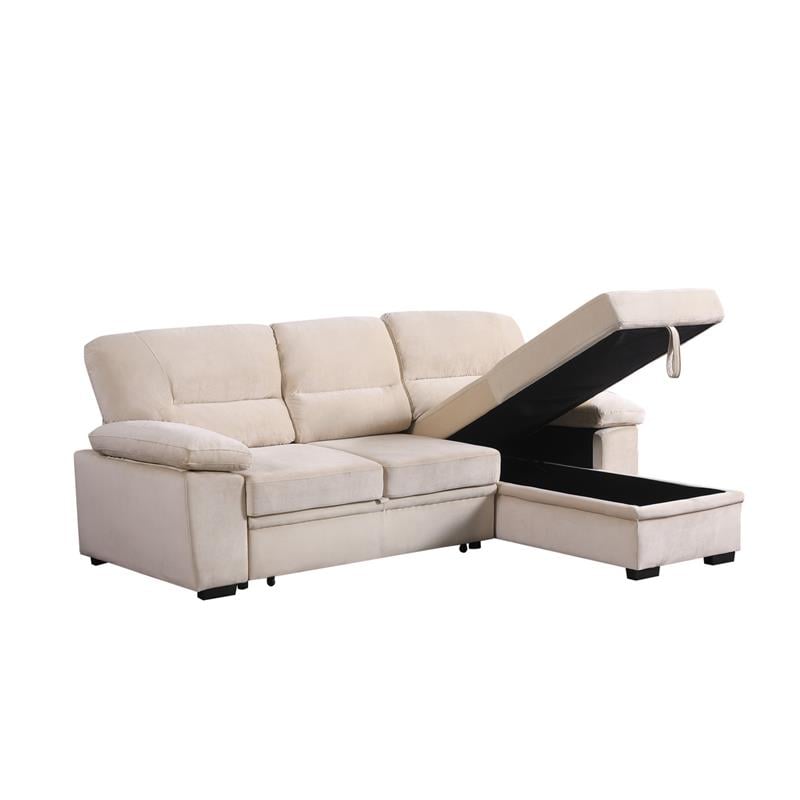 Pemberly Row Beige Velvet Reversible Sleeper Sectional Sofa with Storage Chaise