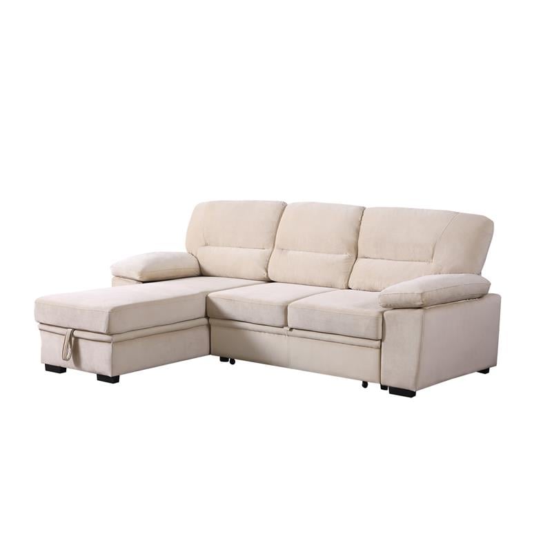 Pemberly Row Beige Velvet Reversible Sleeper Sectional Sofa with Storage Chaise