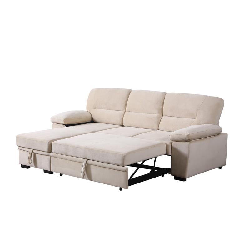 Pemberly Row Beige Velvet Reversible Sleeper Sectional Sofa with Storage Chaise