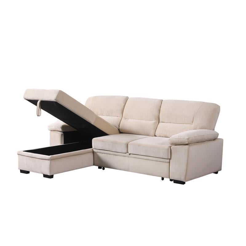 Pemberly Row Beige Velvet Reversible Sleeper Sectional Sofa with Storage Chaise