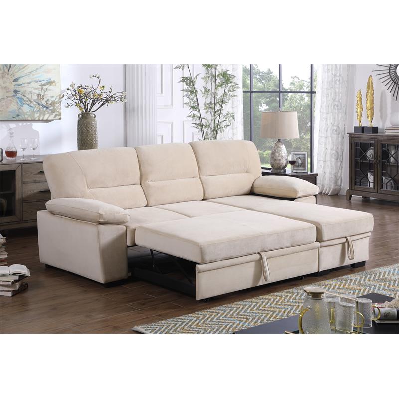 Pemberly Row Beige Velvet Reversible Sleeper Sectional Sofa with Storage Chaise