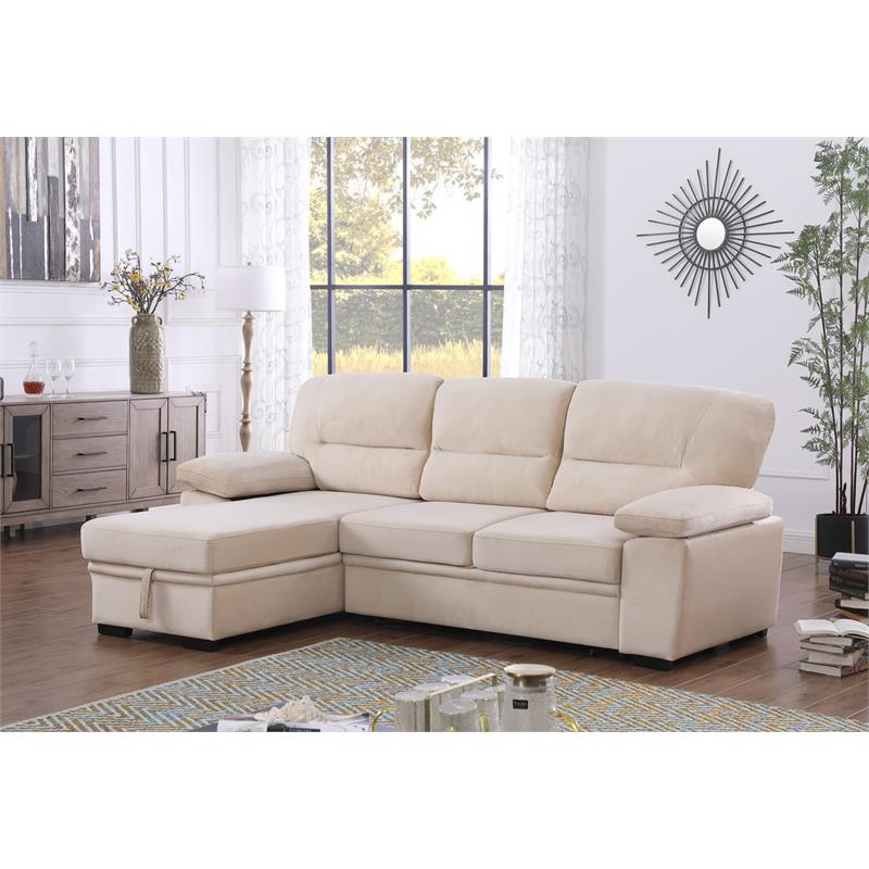 Pemberly Row Beige Velvet Reversible Sleeper Sectional Sofa with Storage Chaise