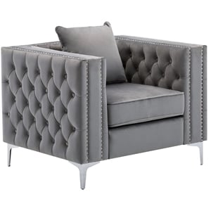 Pemberly Row Gray Button Tufted Velvet Glam Chair with Chrome Legs and Pillow