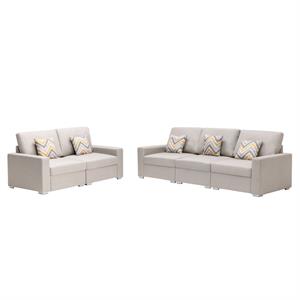 Pemberly Row Beige Linen Sofa and Loveseat Set with Pillows and Dual-Height Legs